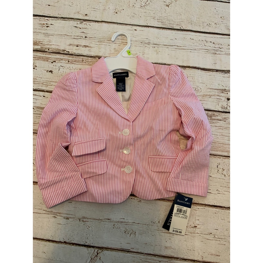 VTG Ralph Lauren Girls Pink White Striped Seersucker Blazer Jacket 4/4T NWT $125